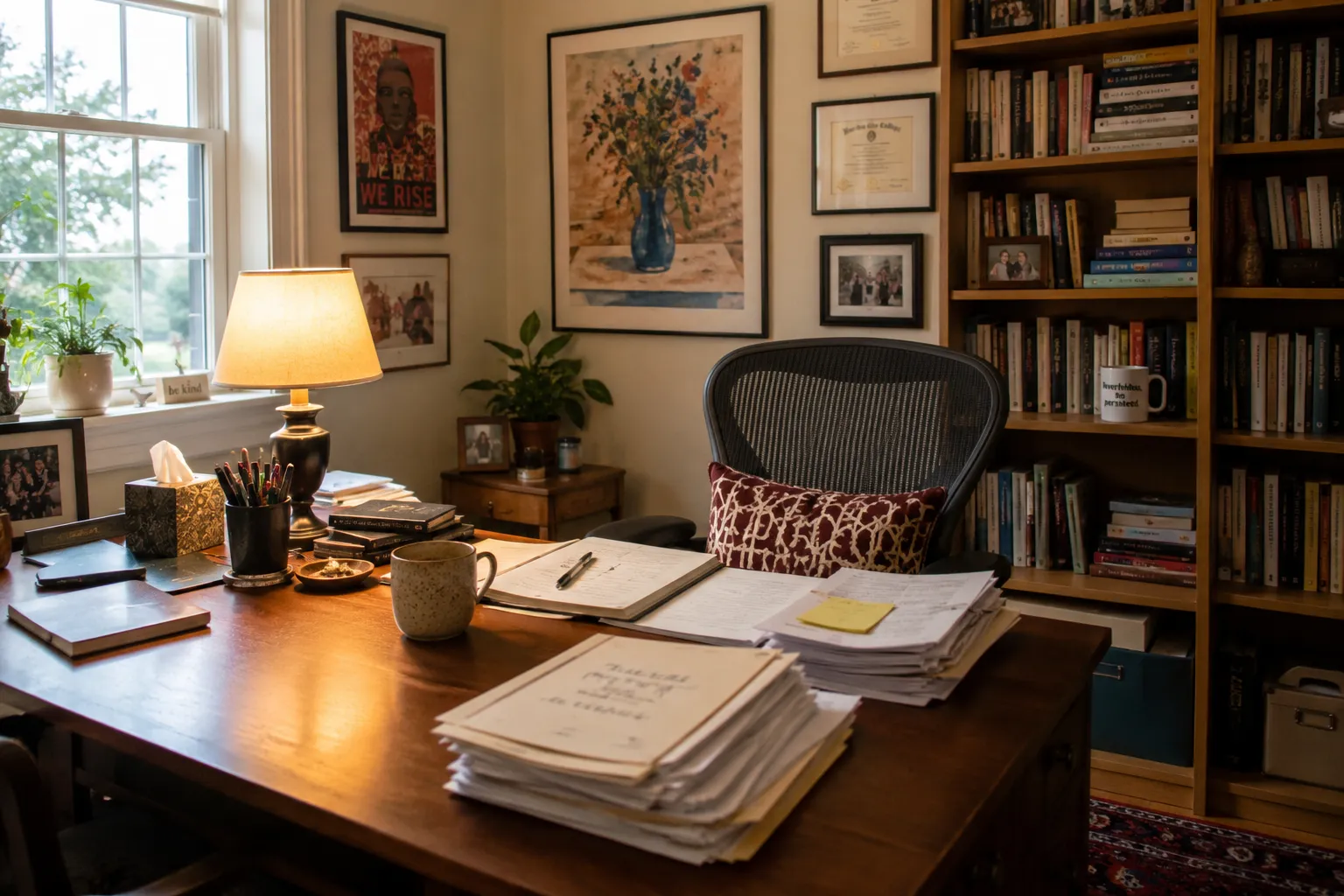 A warm home study with a desk, lamp, and full bookshelves — a quiet space to think